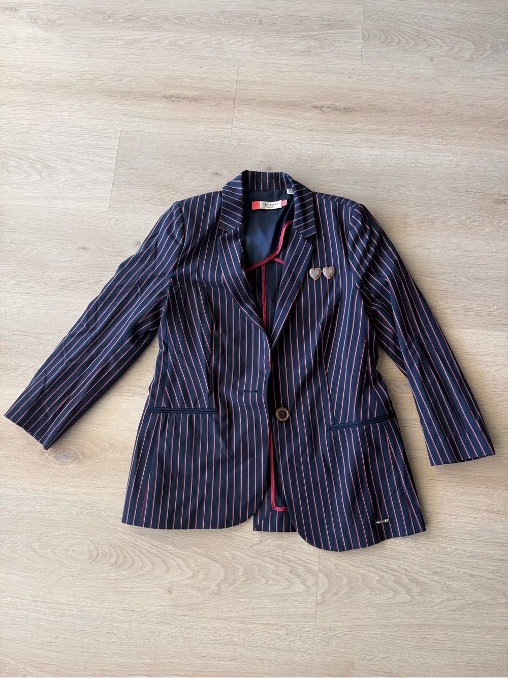 Ted Baker Women's Navy Red/White Pinstripe Blazer with pin